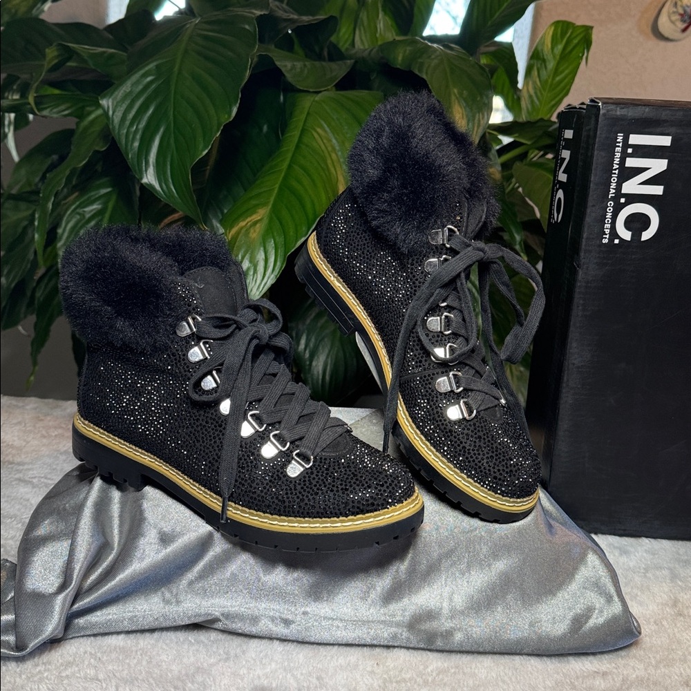 INC Pravale Lace-Up Black w/Rhinestone Ankle Booties - Women's 6M